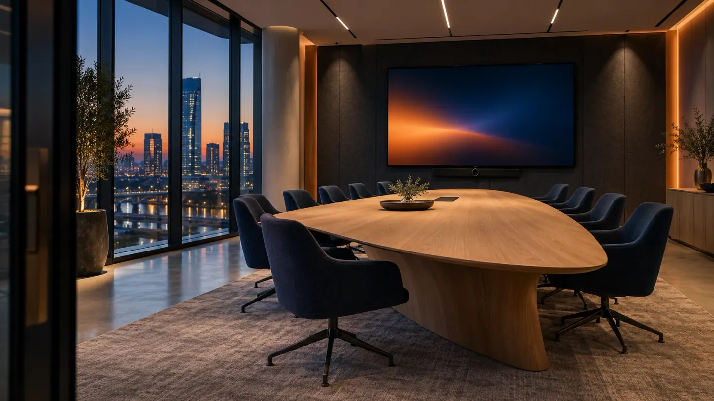 Illustrative AV conference room with an oak table, wall display and video conferencing equipment