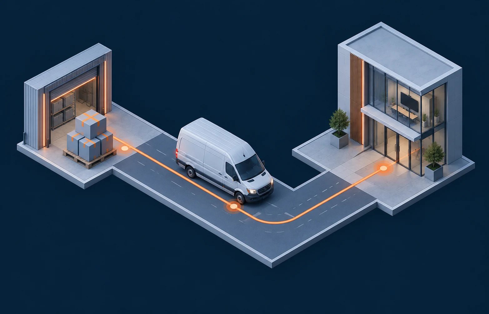 Shipping cartons leave a warehouse by van for an installation-site building.