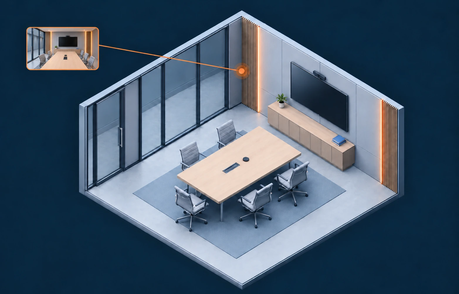 Isometric meeting room with aligned table, chairs and linked photo evidence.