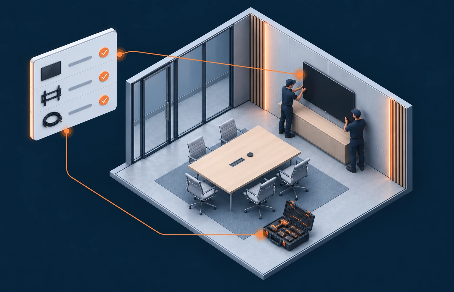 Two technicians install a meeting-room display beside an organized task board.