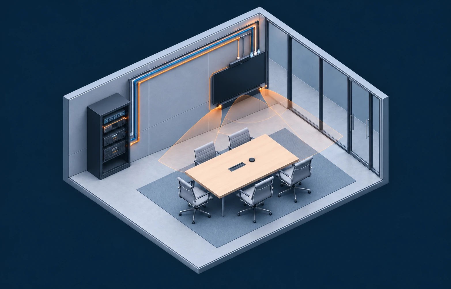 Isometric meeting room with an AV rack, organized signal cables and illustrated coverage.