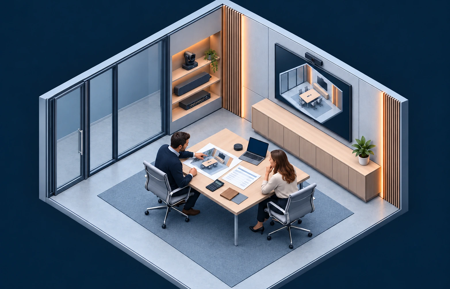 Two people review a room plan, equipment and proposal together in an AV consultation.