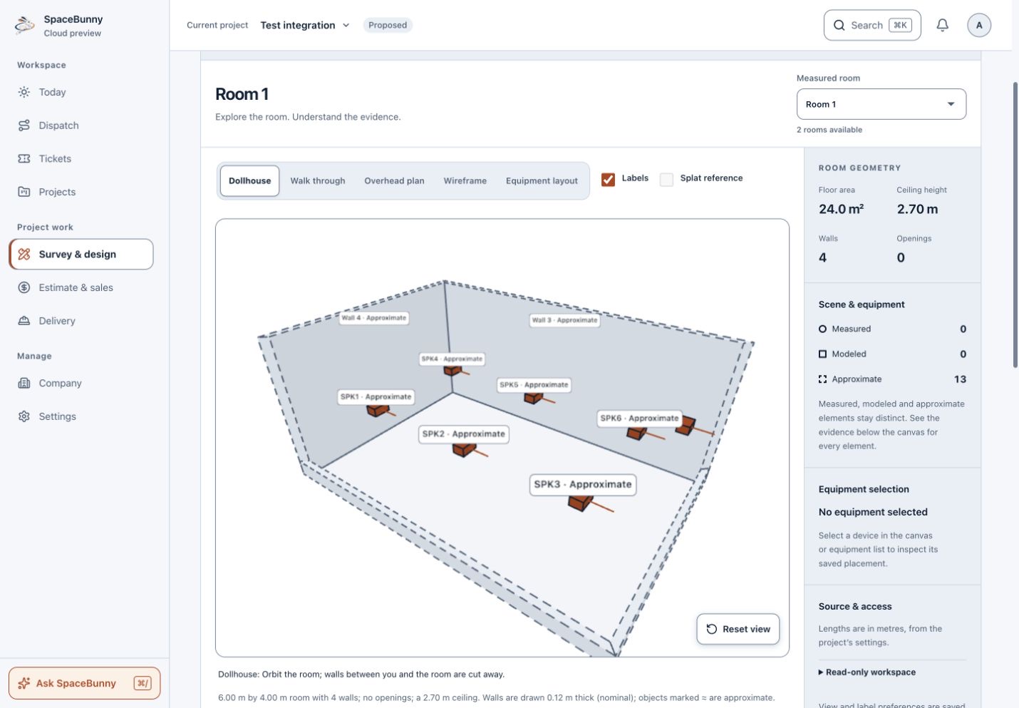 SpaceBunny cloud 3-D room viewer with approximate sample walls and equipment, and the measured, modeled and approximate basis legend.