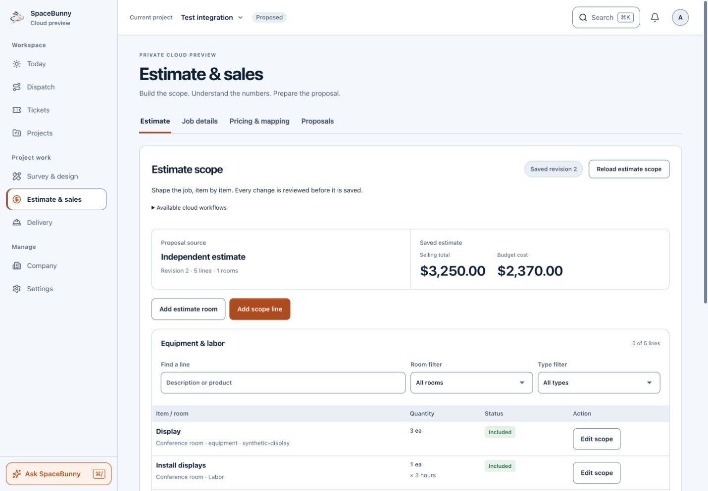 SpaceBunny estimate workspace showing the job’s equipment, labour and saved totals with fictional sample data.