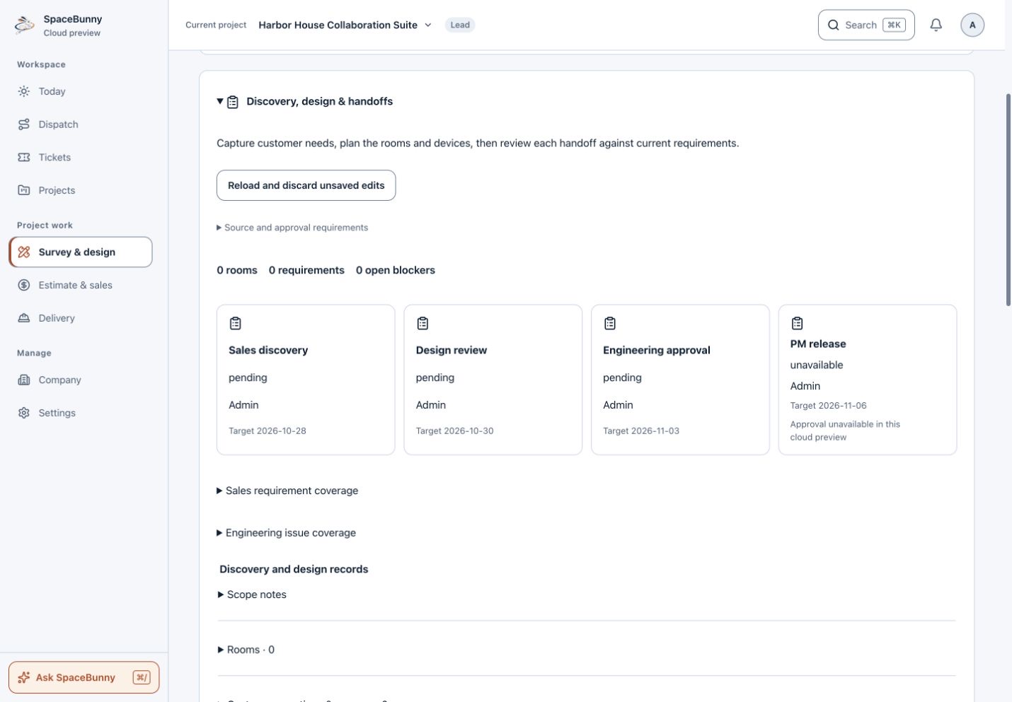 SpaceBunny job handoffs and owners, using fictional sample data.