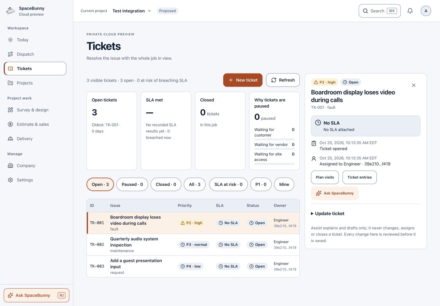 SpaceBunny service tickets and their project context, using fictional sample data.