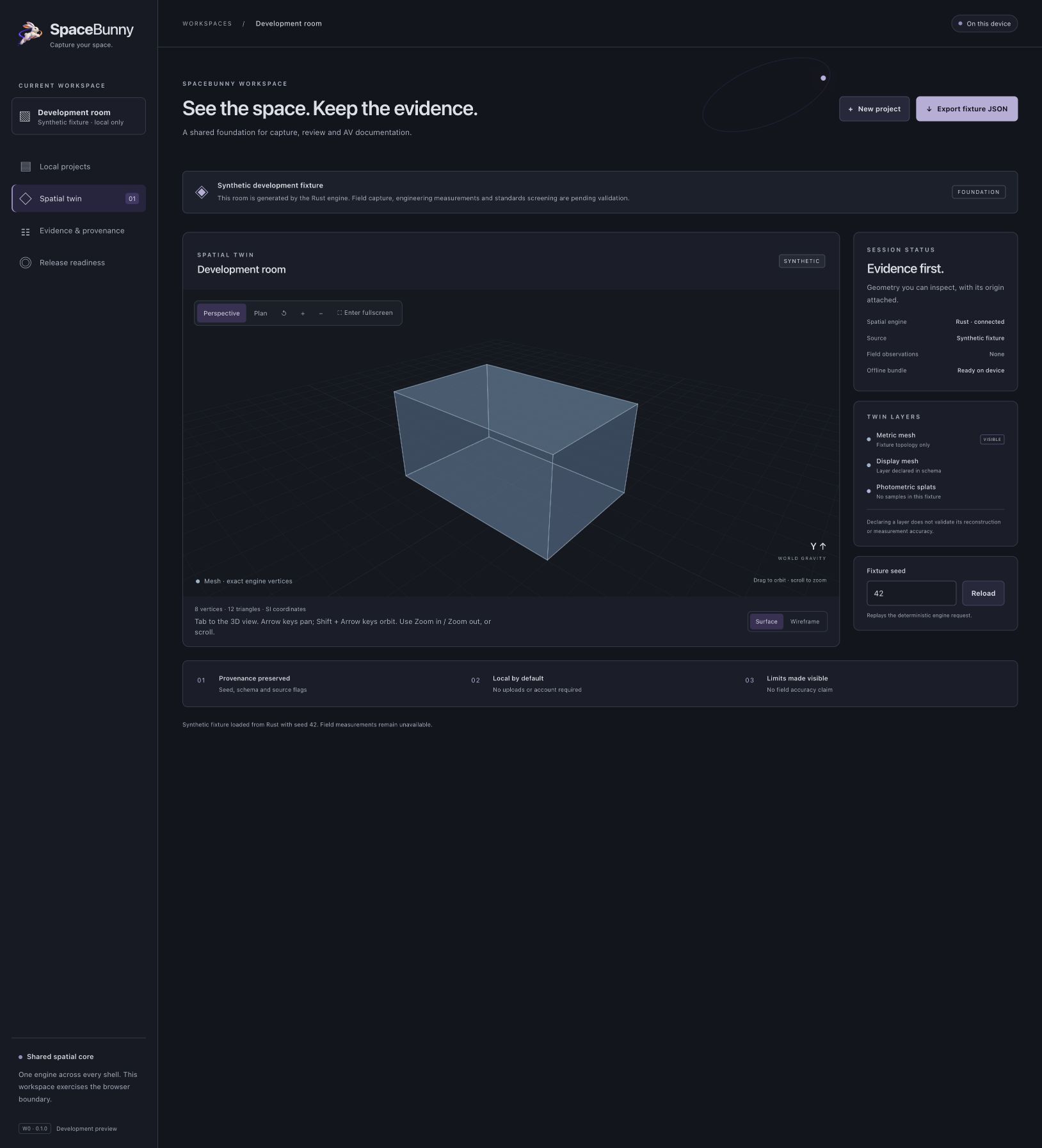 SpaceBunny development workspace showing a slate blue synthetic room, viewing controls and provenance